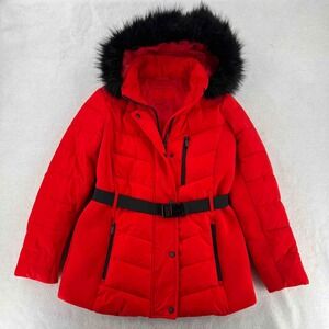 London Fog Women's Puffer Jacket Red Black Fur On Hoodie Belted Size Medium